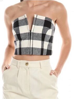 NWT MARA HOFFMAN | Layne Plaid Corset Top 100% Cotton Black and Cream Size 0